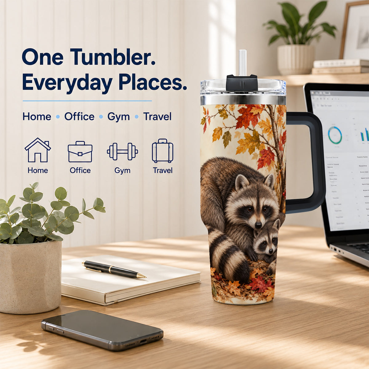 #pl[40oz|Black] Autumn Raccoon 40oz Tumbler with Handle, Woodland Travel Cup
