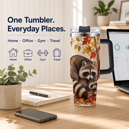 #pl[40oz|Black] Autumn Raccoon 40oz Tumbler with Handle, Woodland Travel Cup