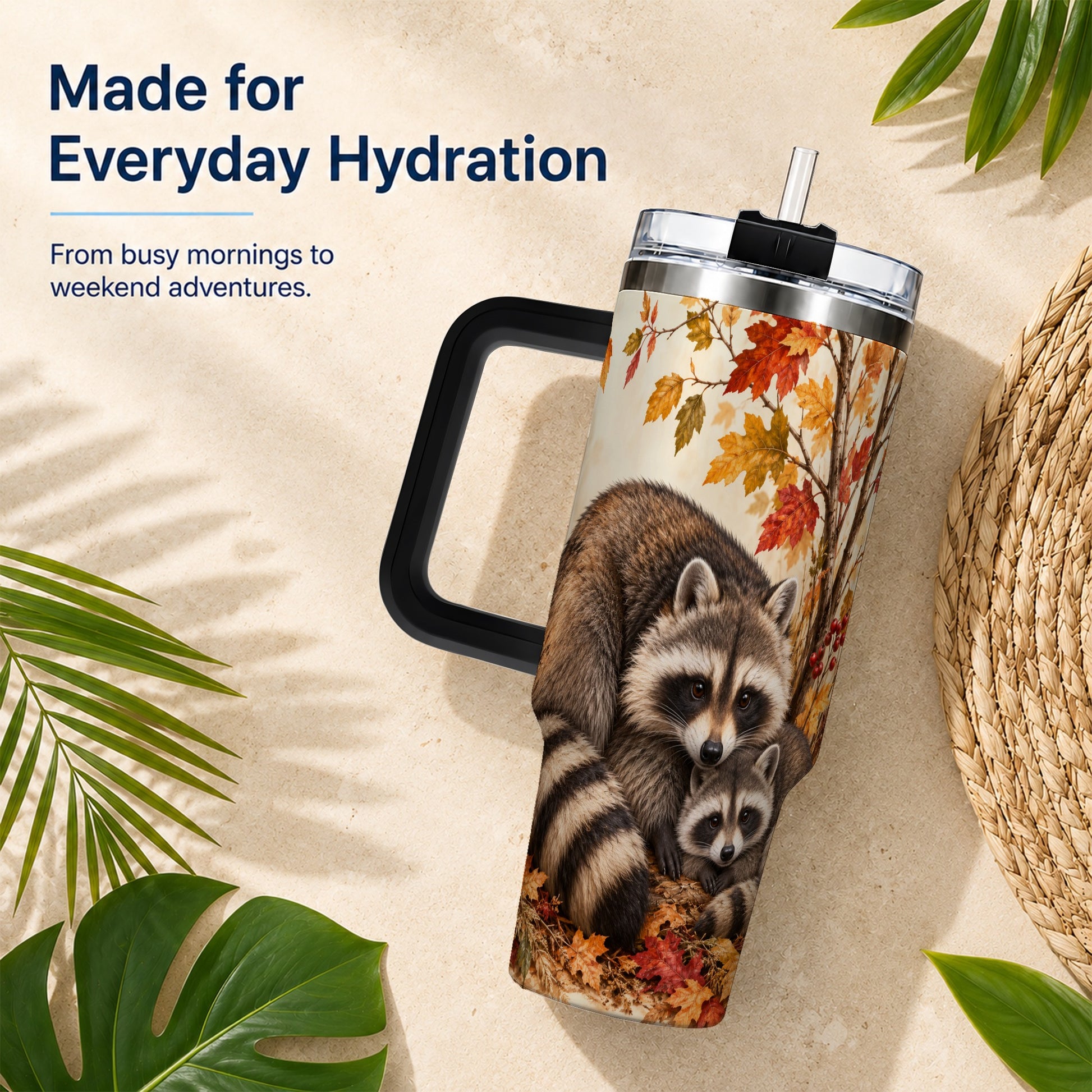 #pl[40oz|Black] Autumn Raccoon 40oz Tumbler with Handle, Woodland Travel Cup