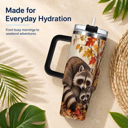 #pl[40oz|Black] Autumn Raccoon 40oz Tumbler with Handle, Woodland Travel Cup