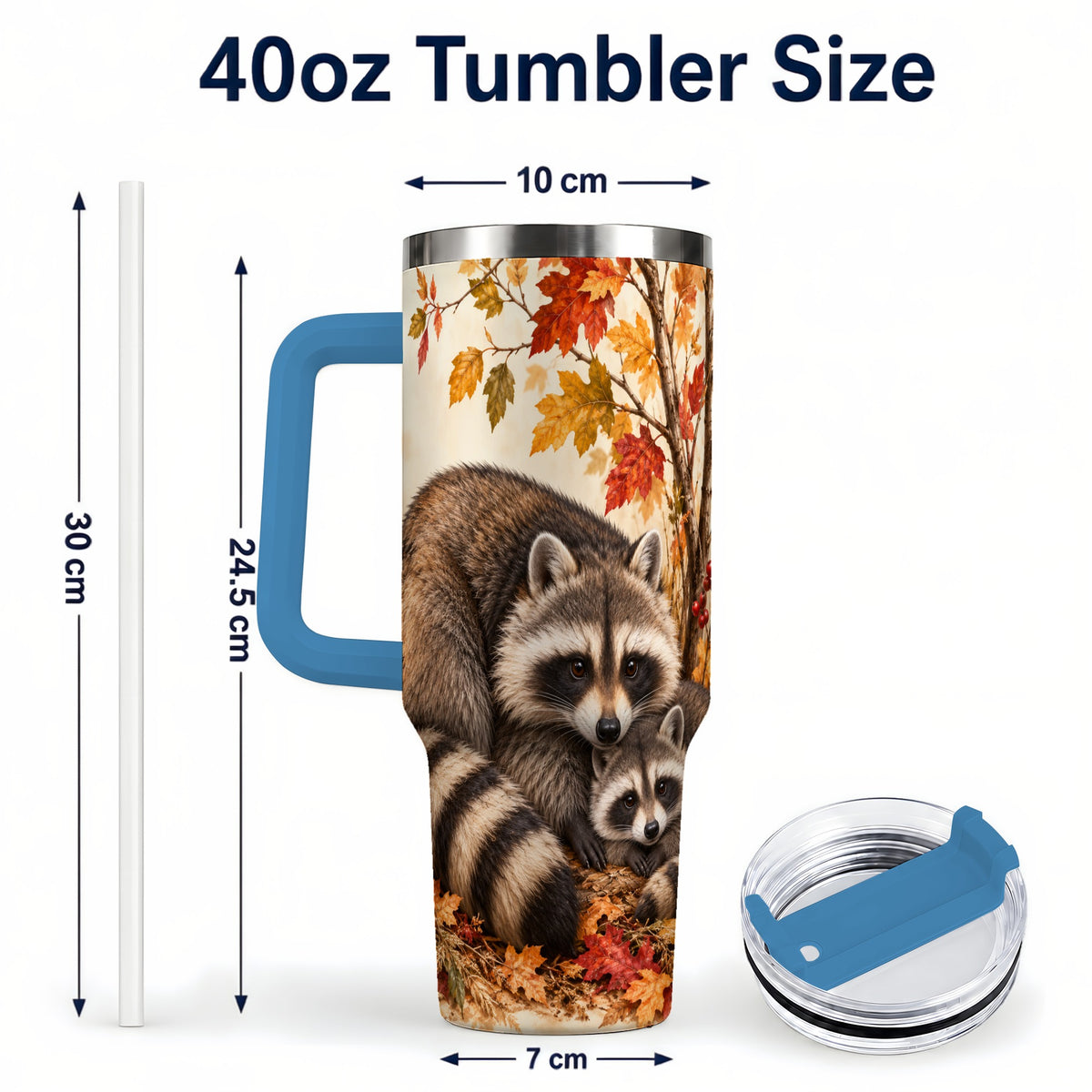 #pl[40oz|Blue] Autumn Raccoon 40oz Tumbler with Handle, Woodland Travel Cup