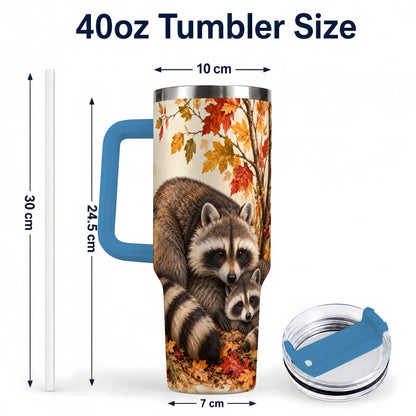 #pl[40oz|Blue] Autumn Raccoon 40oz Tumbler with Handle, Woodland Travel Cup
