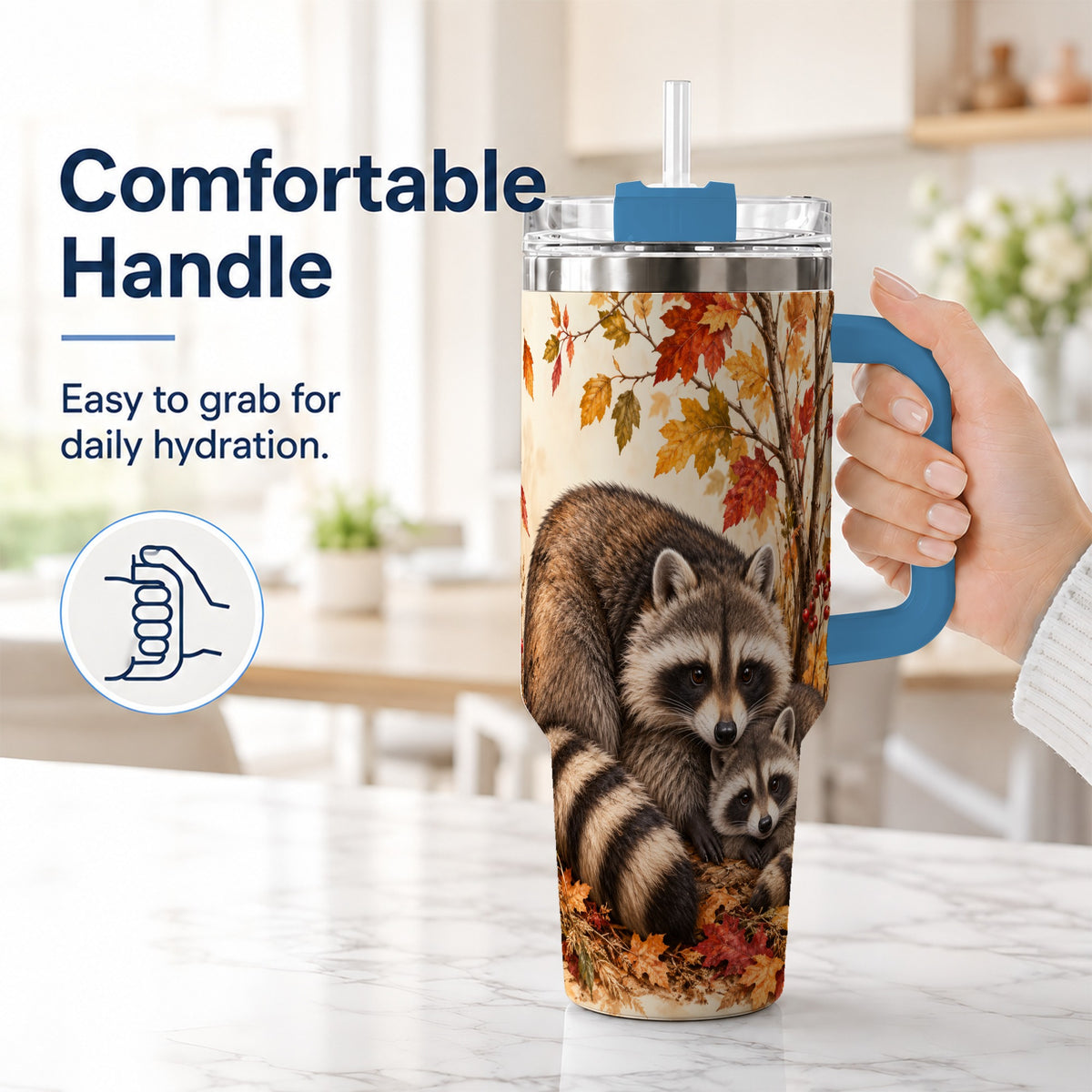 #pl[40oz|Blue] Autumn Raccoon 40oz Tumbler with Handle, Woodland Travel Cup