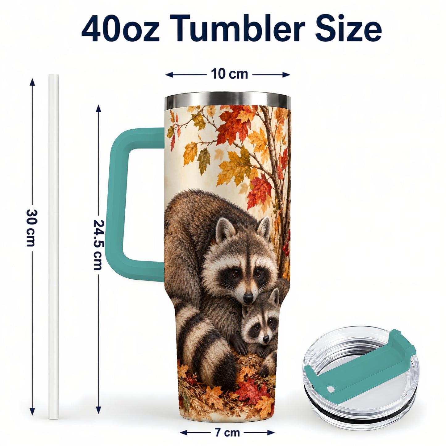 #pl[40oz|Green] Autumn Raccoon 40oz Tumbler with Handle, Woodland Travel Cup