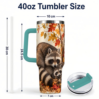 #pl[40oz|Green] Autumn Raccoon 40oz Tumbler with Handle, Woodland Travel Cup