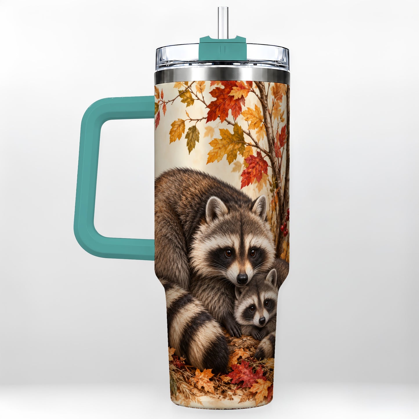 #pl[40oz|Green] Autumn Raccoon 40oz Tumbler with Handle, Woodland Travel Cup