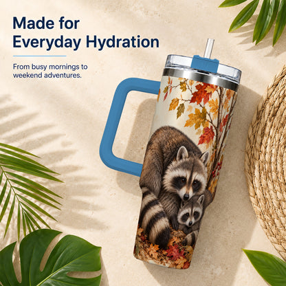 #pl[40oz|Blue] Autumn Raccoon 40oz Tumbler with Handle, Woodland Travel Cup