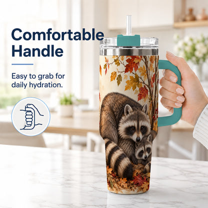 #pl[40oz|Green] Autumn Raccoon 40oz Tumbler with Handle, Woodland Travel Cup