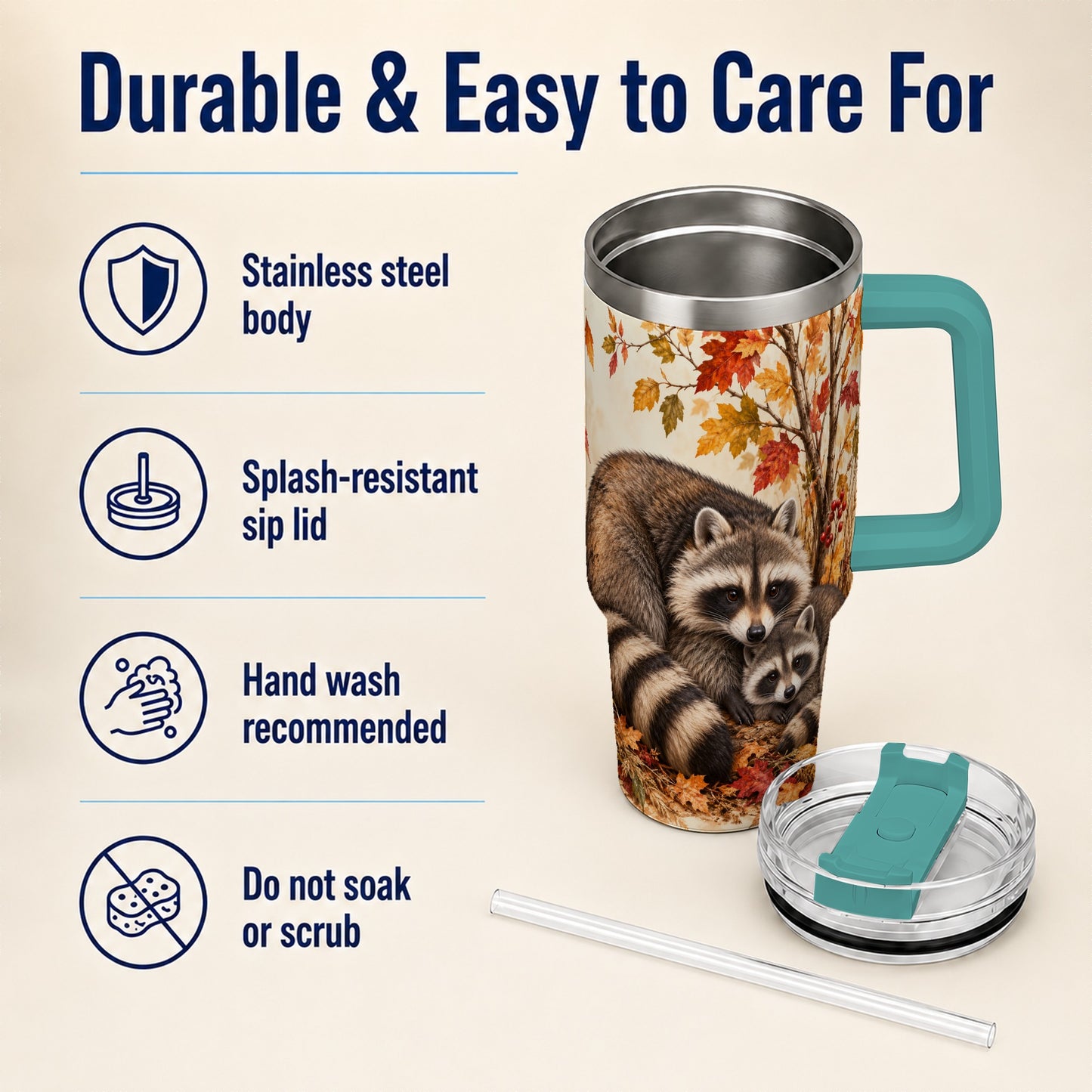 #pl[40oz|Green] Autumn Raccoon 40oz Tumbler with Handle, Woodland Travel Cup