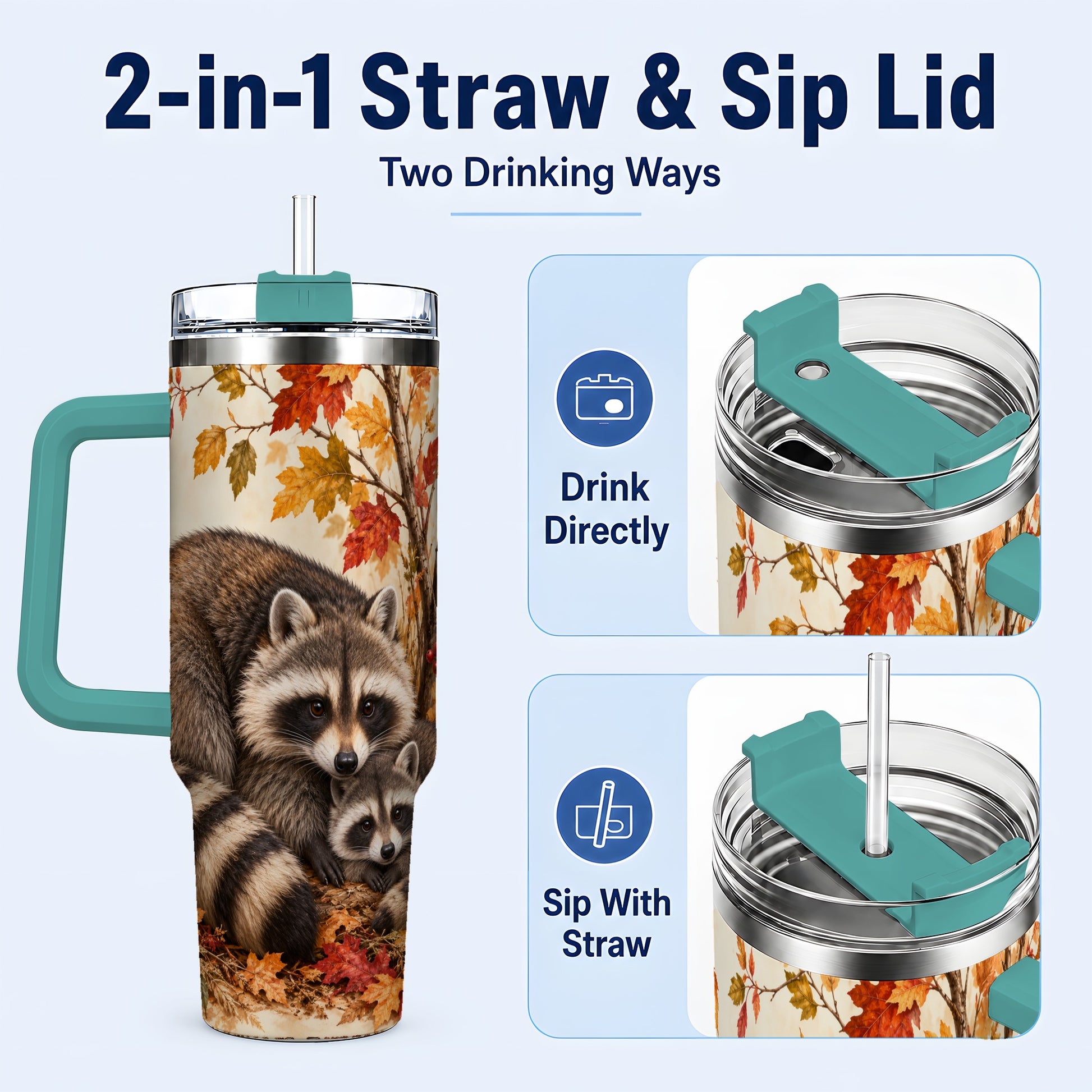 #pl[40oz|Green] Autumn Raccoon 40oz Tumbler with Handle, Woodland Travel Cup