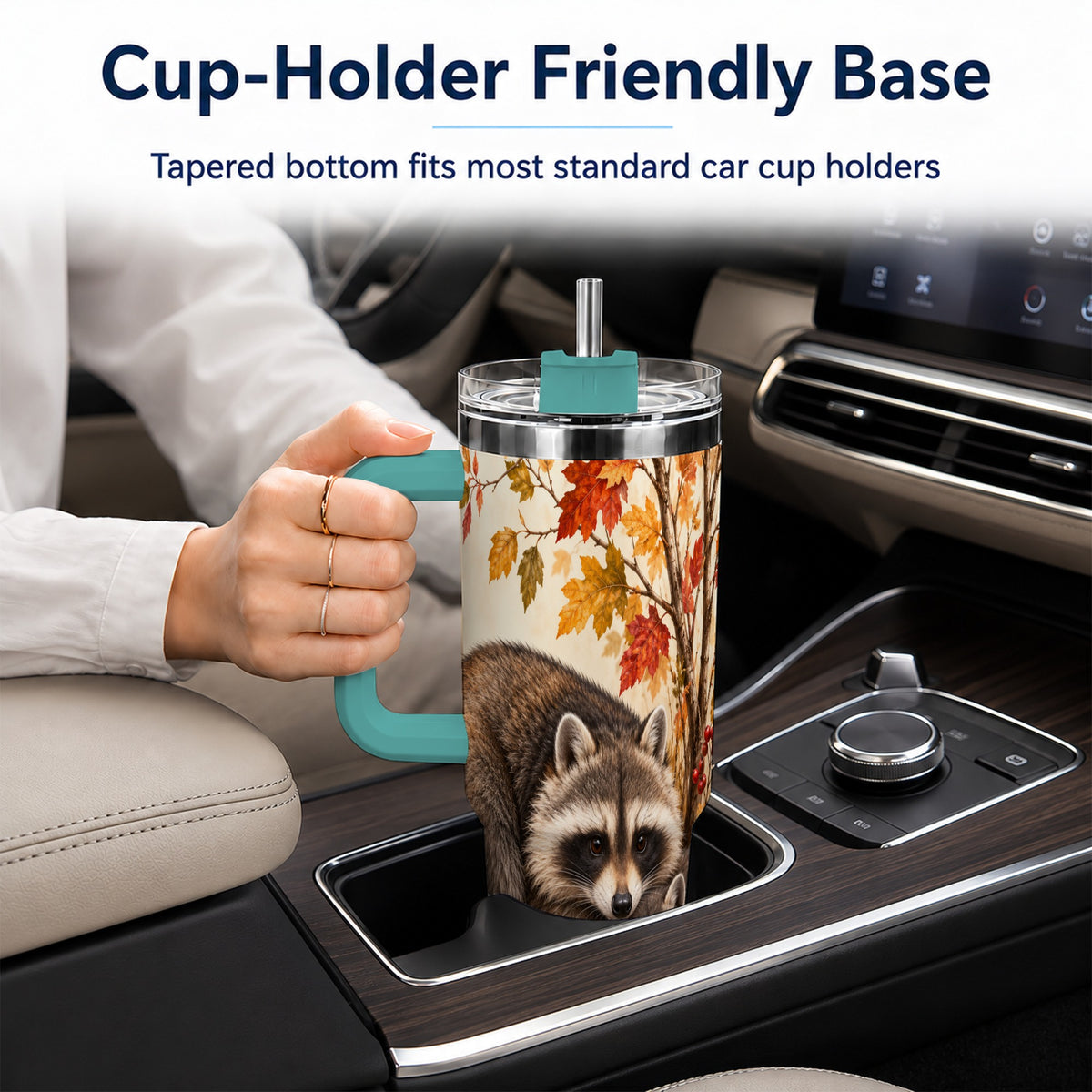 #pl[40oz|Green] Autumn Raccoon 40oz Tumbler with Handle, Woodland Travel Cup