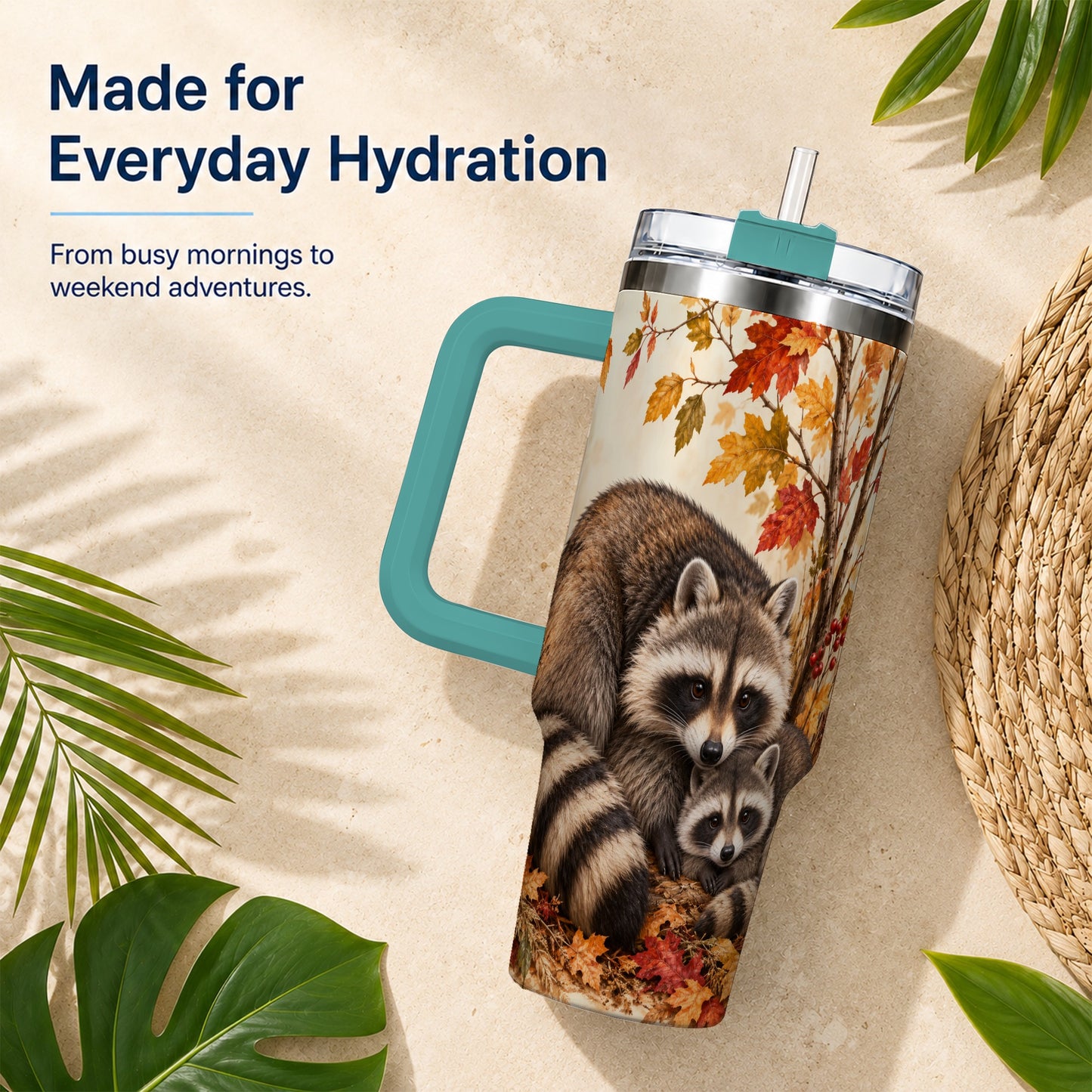 #pl[40oz|Green] Autumn Raccoon 40oz Tumbler with Handle, Woodland Travel Cup