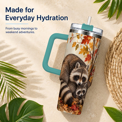 #pl[40oz|Green] Autumn Raccoon 40oz Tumbler with Handle, Woodland Travel Cup