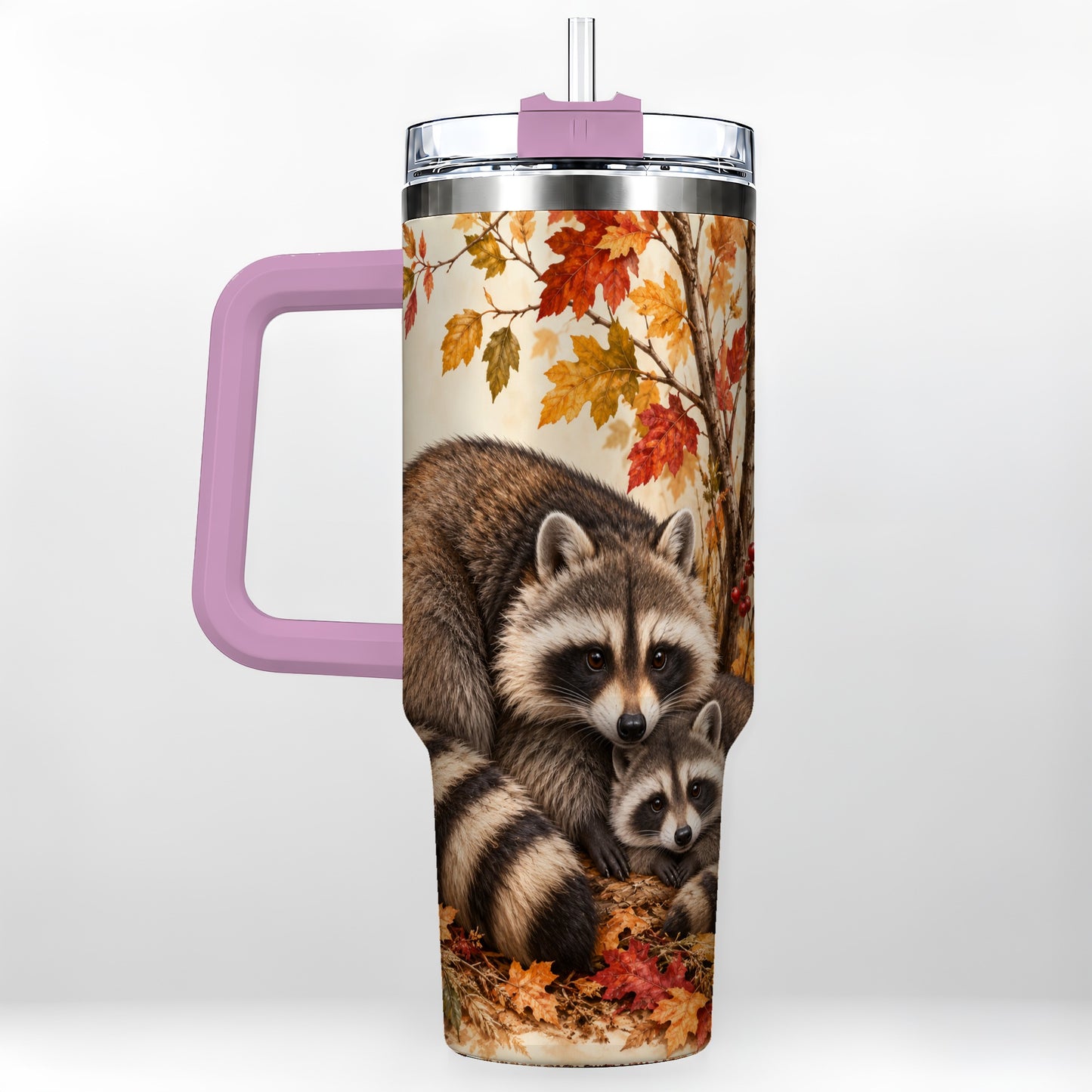 #pl[40oz|Pink] Autumn Raccoon 40oz Tumbler with Handle, Woodland Travel Cup