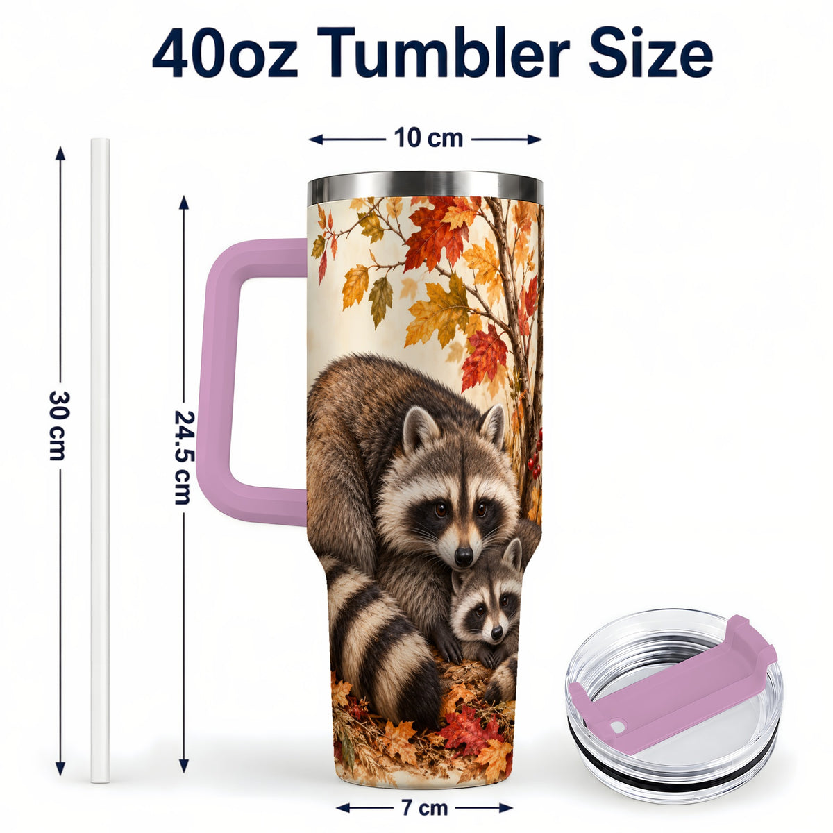 #pl[40oz|Pink] Autumn Raccoon 40oz Tumbler with Handle, Woodland Travel Cup