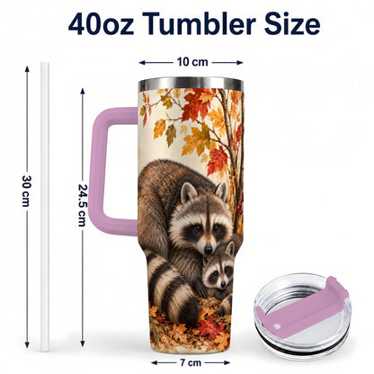 #pl[40oz|Pink] Autumn Raccoon 40oz Tumbler with Handle, Woodland Travel Cup