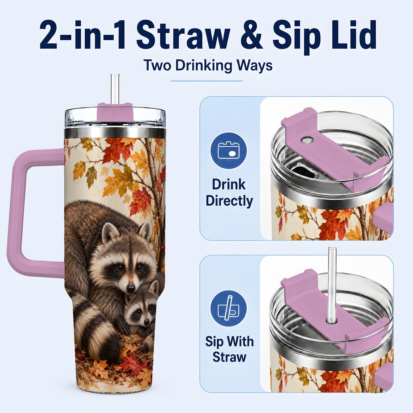 #pl[40oz|Pink] Autumn Raccoon 40oz Tumbler with Handle, Woodland Travel Cup