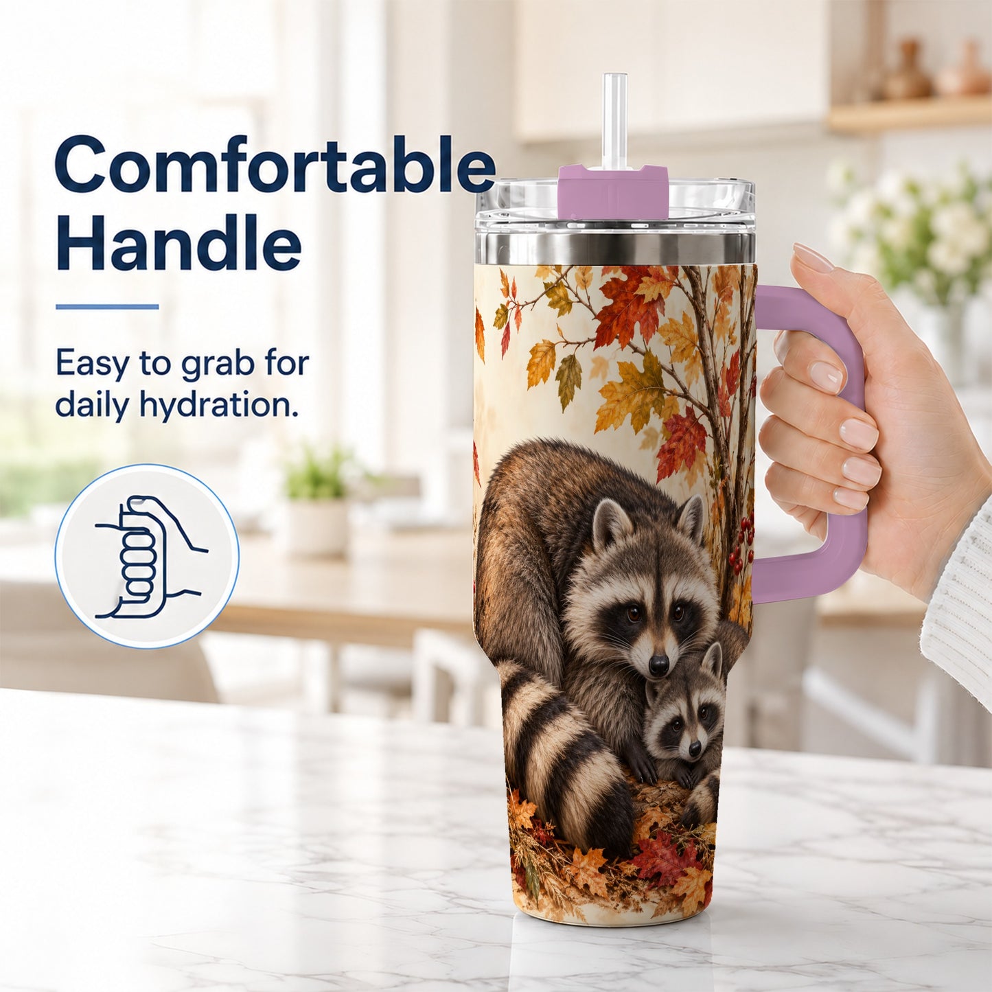 #pl[40oz|Pink] Autumn Raccoon 40oz Tumbler with Handle, Woodland Travel Cup