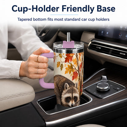#pl[40oz|Pink] Autumn Raccoon 40oz Tumbler with Handle, Woodland Travel Cup