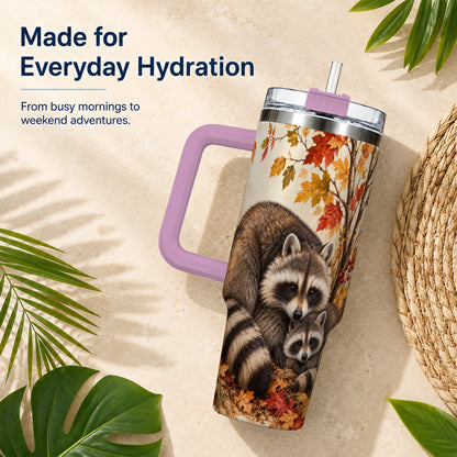 #pl[40oz|Pink] Autumn Raccoon 40oz Tumbler with Handle, Woodland Travel Cup