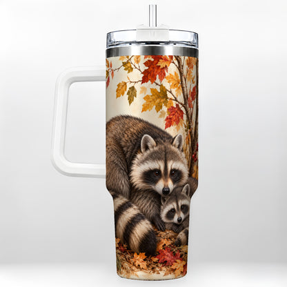 Autumn Raccoon 40oz Tumbler with Handle, Woodland Travel Cup