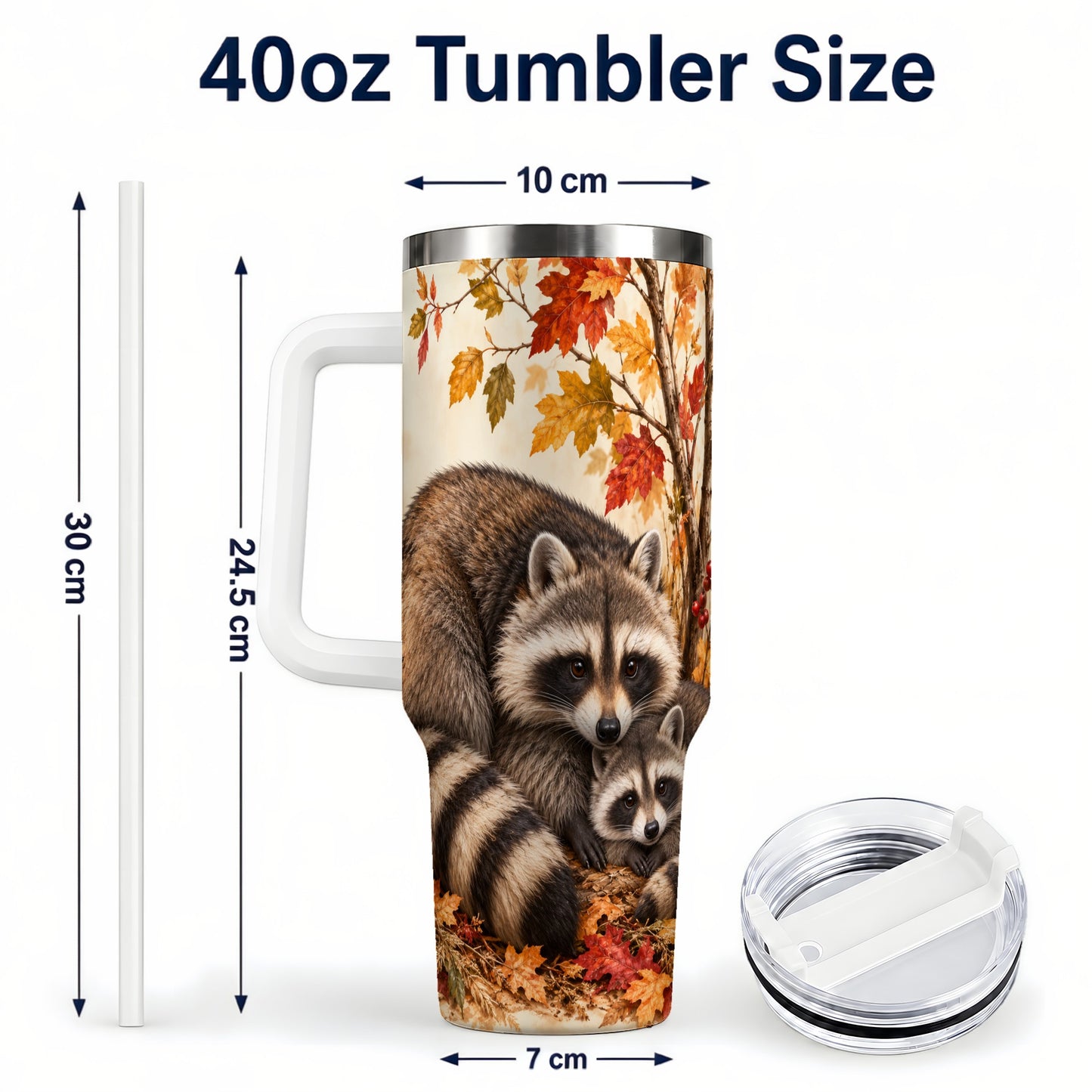 #pl[40oz|White] Autumn Raccoon 40oz Tumbler with Handle, Woodland Travel Cup