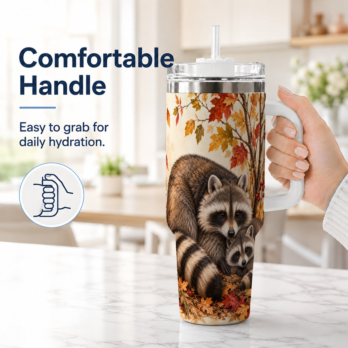 #pl[40oz|White] Autumn Raccoon 40oz Tumbler with Handle, Woodland Travel Cup