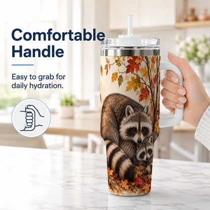 #pl[40oz|White] Autumn Raccoon 40oz Tumbler with Handle, Woodland Travel Cup