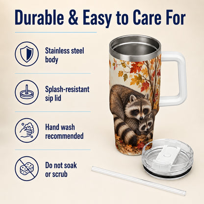 #pl[40oz|White] Autumn Raccoon 40oz Tumbler with Handle, Woodland Travel Cup