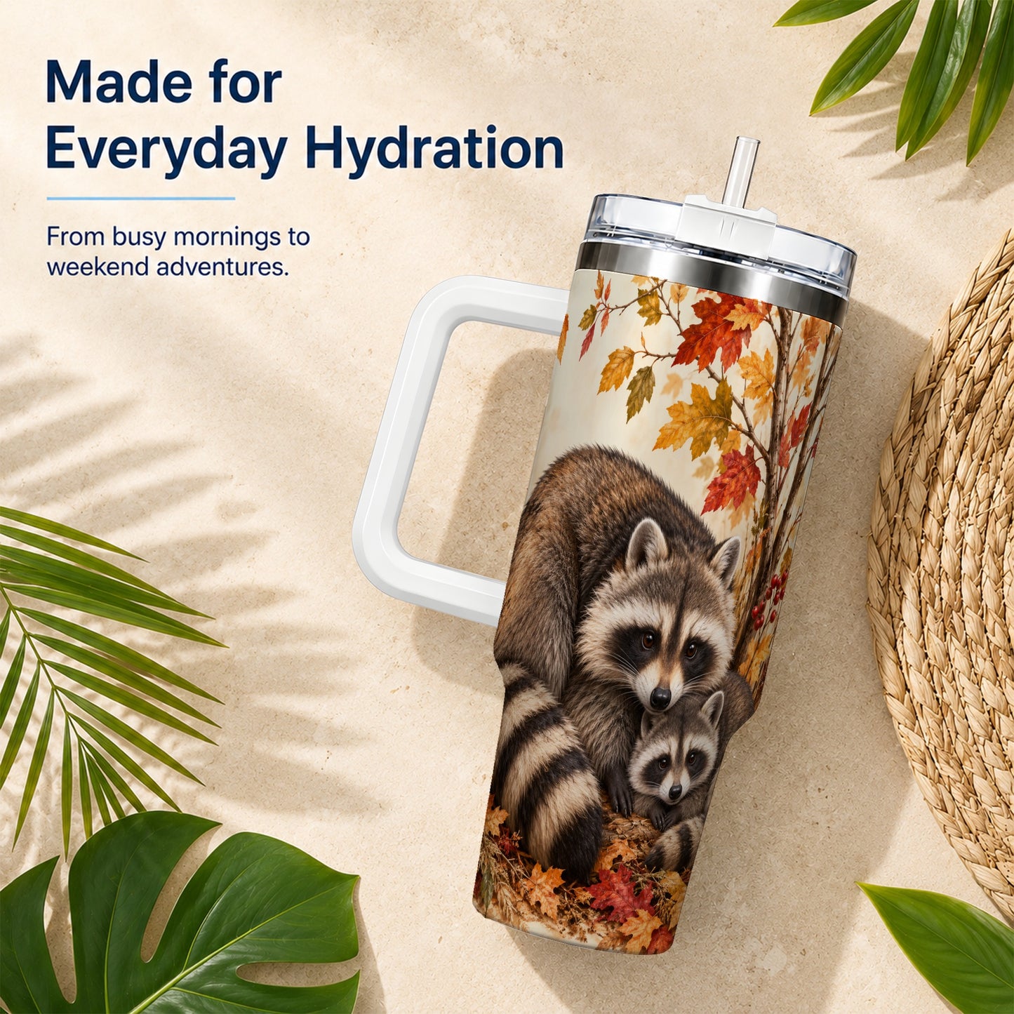 #pl[40oz|White] Autumn Raccoon 40oz Tumbler with Handle, Woodland Travel Cup