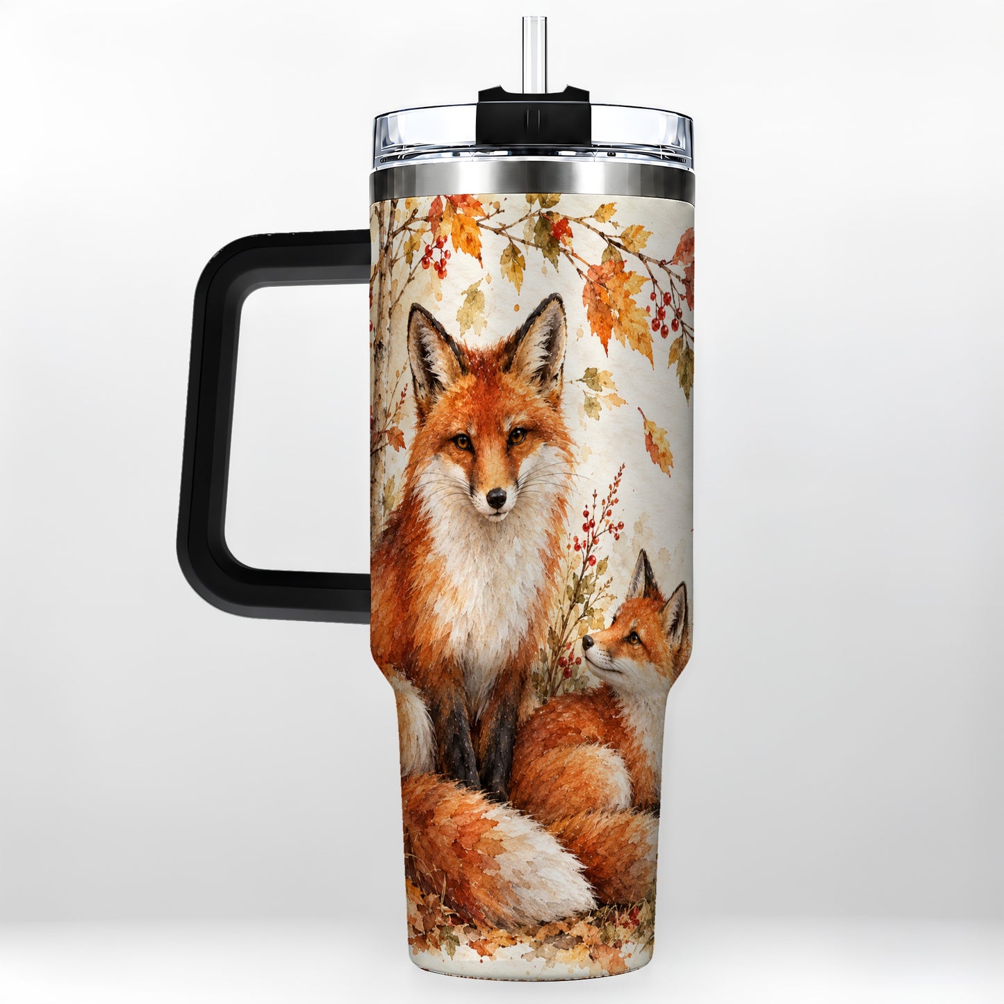 #pl[40oz|Black] Autumn Fox 40oz Tumbler with Handle, Watercolor Woodland Travel Cup