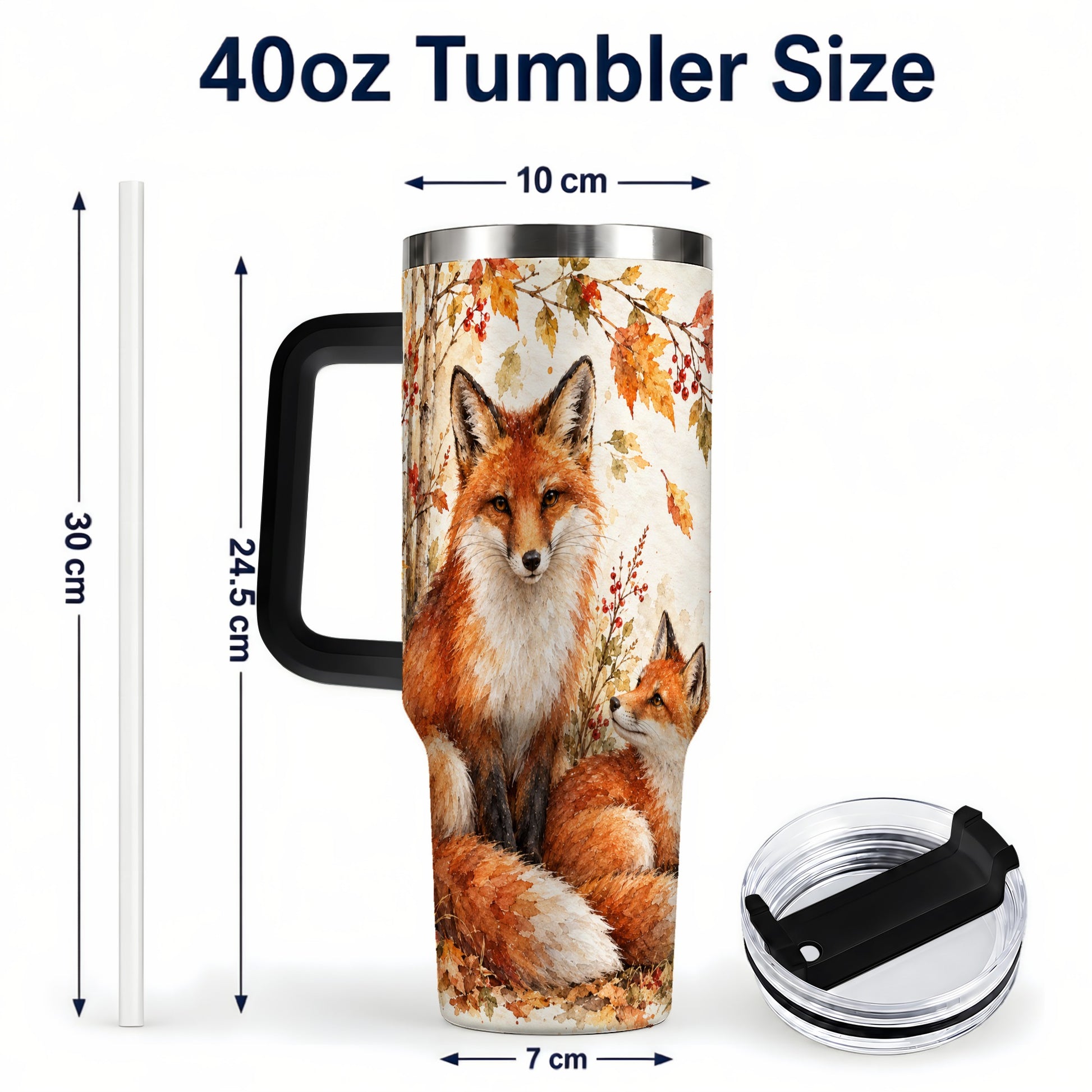 #pl[40oz|Black] Autumn Fox 40oz Tumbler with Handle, Watercolor Woodland Travel Cup