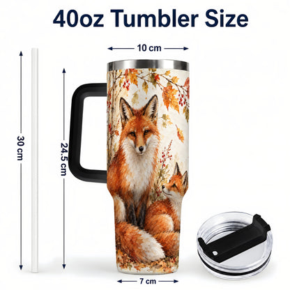#pl[40oz|Black] Autumn Fox 40oz Tumbler with Handle, Watercolor Woodland Travel Cup