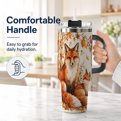 #pl[40oz|Black] Autumn Fox 40oz Tumbler with Handle, Watercolor Woodland Travel Cup