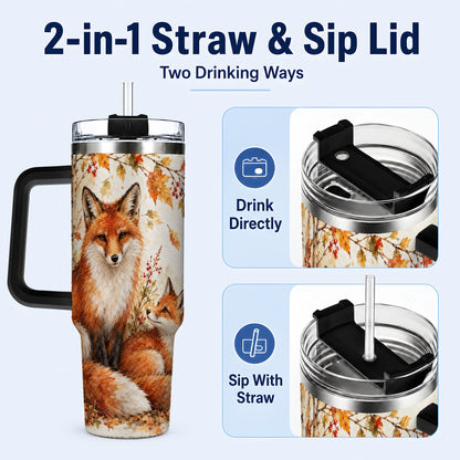#pl[40oz|Black] Autumn Fox 40oz Tumbler with Handle, Watercolor Woodland Travel Cup