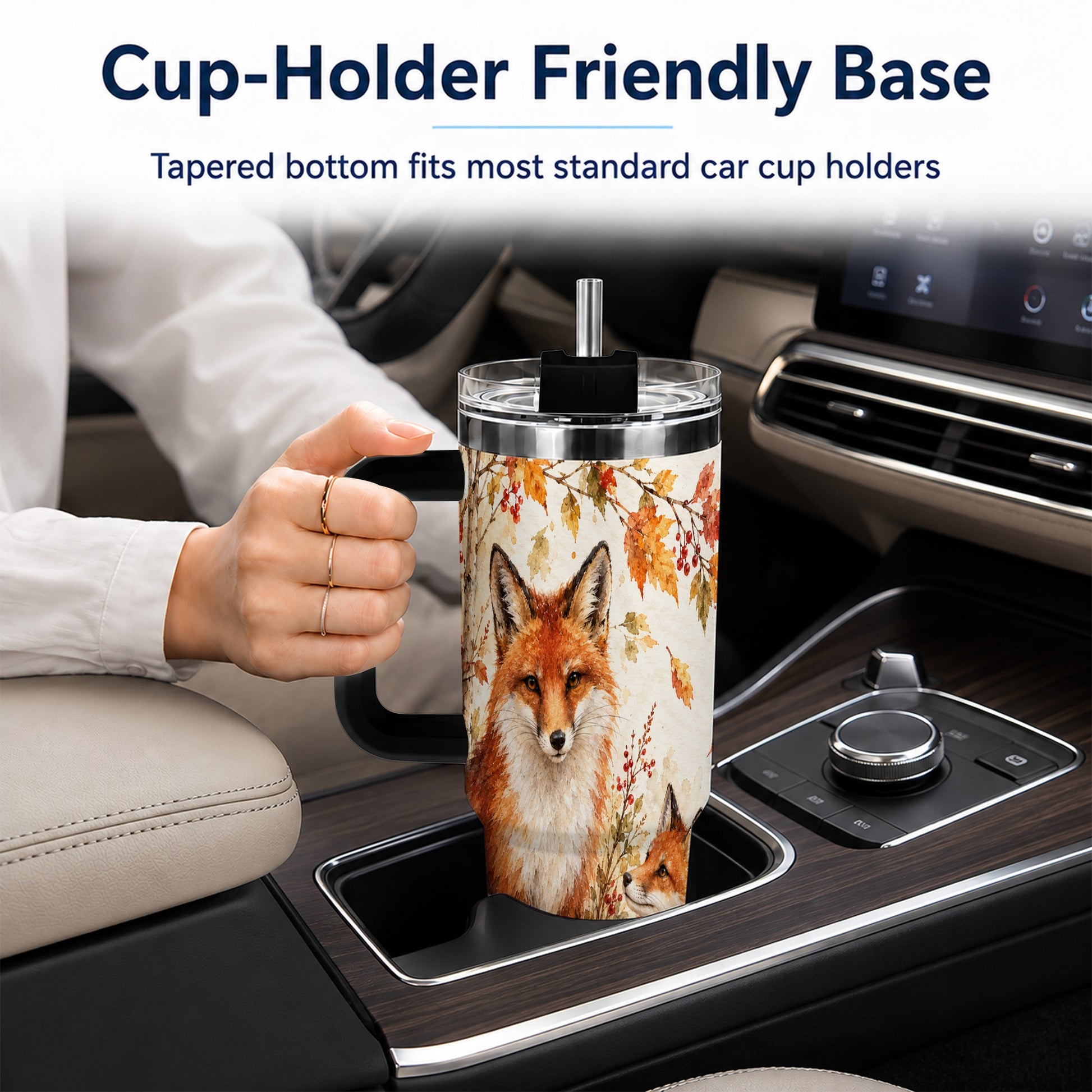#pl[40oz|Black] Autumn Fox 40oz Tumbler with Handle, Watercolor Woodland Travel Cup