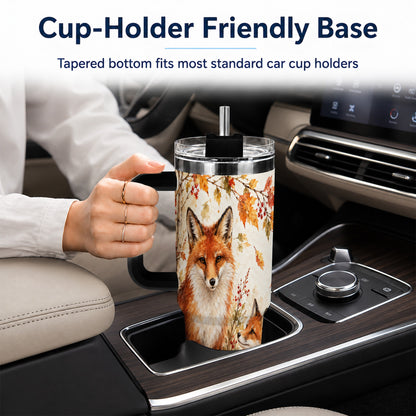 #pl[40oz|Black] Autumn Fox 40oz Tumbler with Handle, Watercolor Woodland Travel Cup