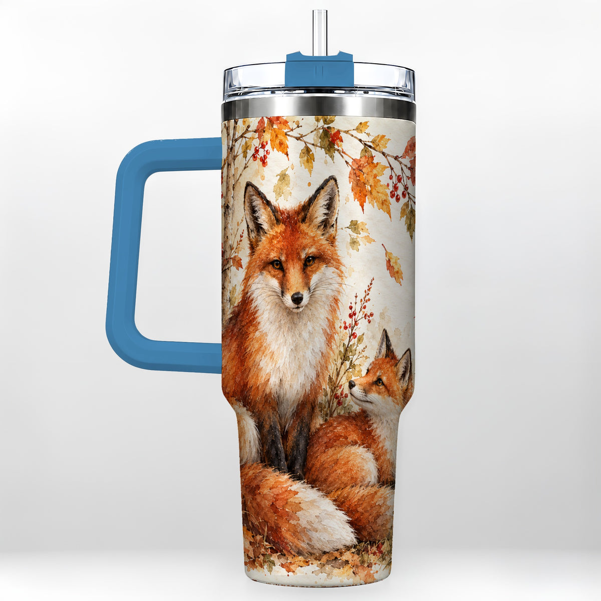 #pl[40oz|Blue] Autumn Fox 40oz Tumbler with Handle, Watercolor Woodland Travel Cup