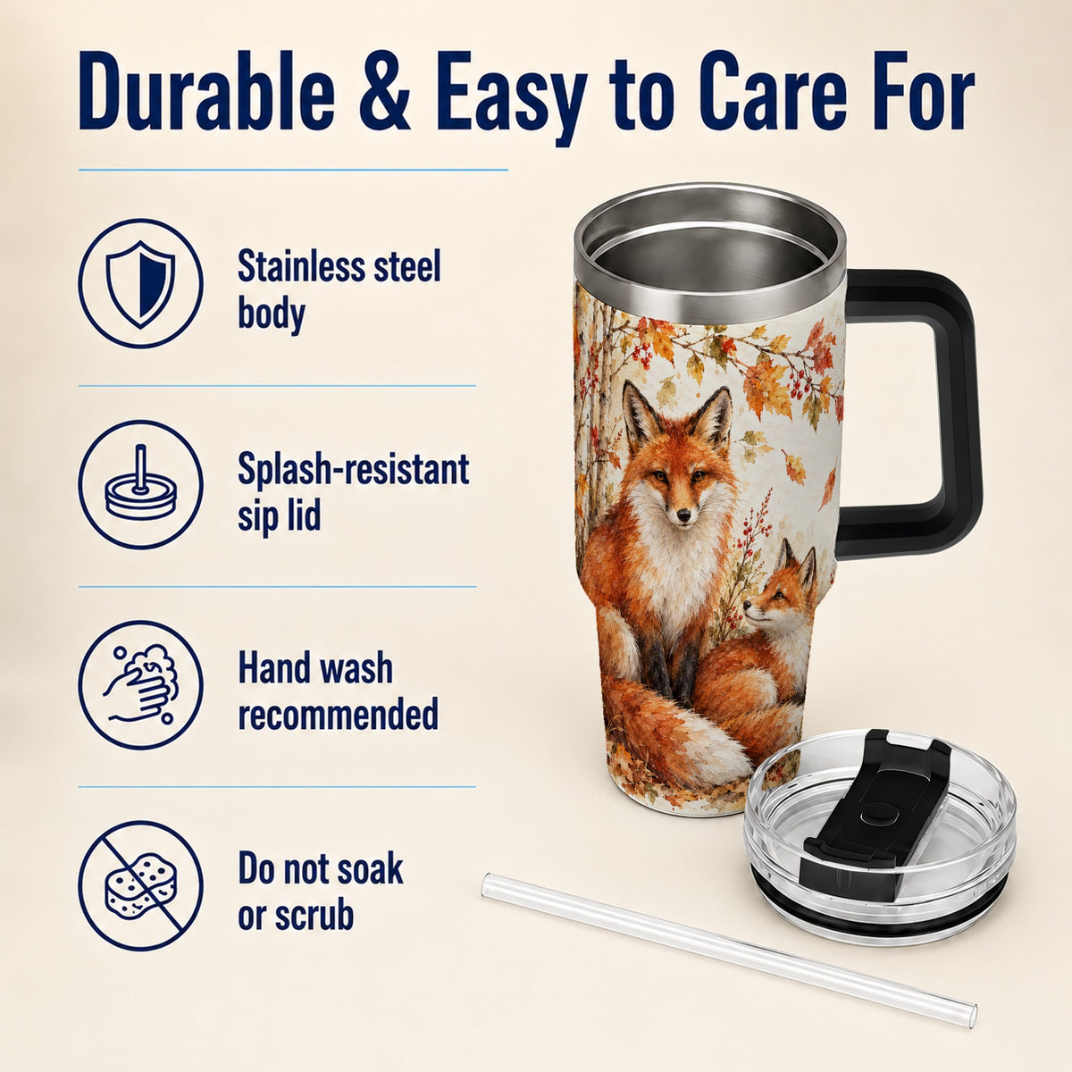 #pl[40oz|Black] Autumn Fox 40oz Tumbler with Handle, Watercolor Woodland Travel Cup