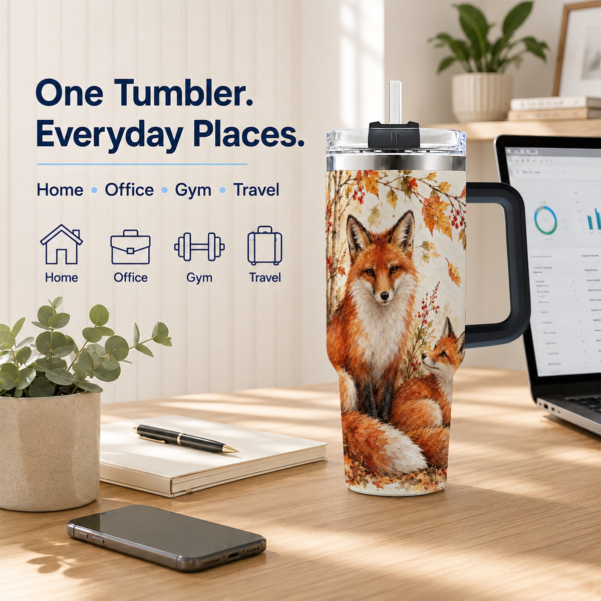 #pl[40oz|Black] Autumn Fox 40oz Tumbler with Handle, Watercolor Woodland Travel Cup