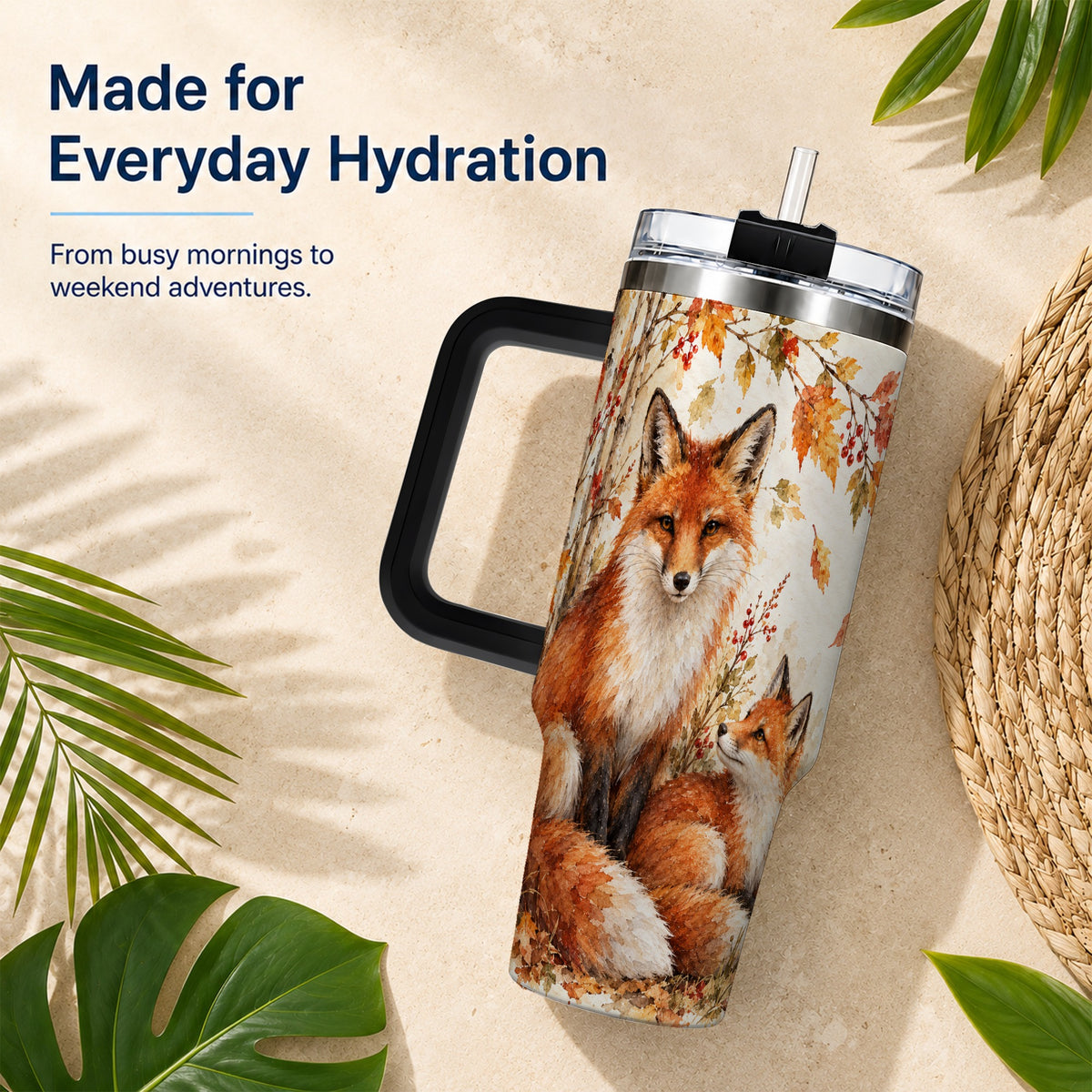 #pl[40oz|Black] Autumn Fox 40oz Tumbler with Handle, Watercolor Woodland Travel Cup