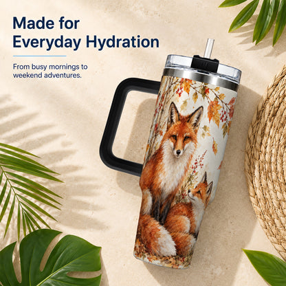 #pl[40oz|Black] Autumn Fox 40oz Tumbler with Handle, Watercolor Woodland Travel Cup
