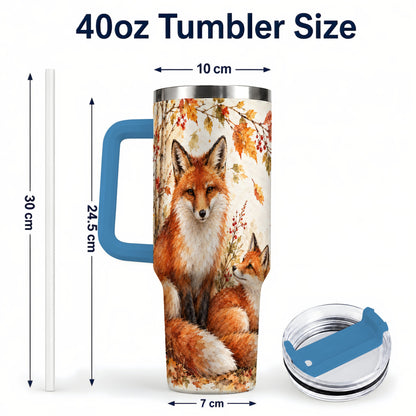 #pl[40oz|Blue] Autumn Fox 40oz Tumbler with Handle, Watercolor Woodland Travel Cup