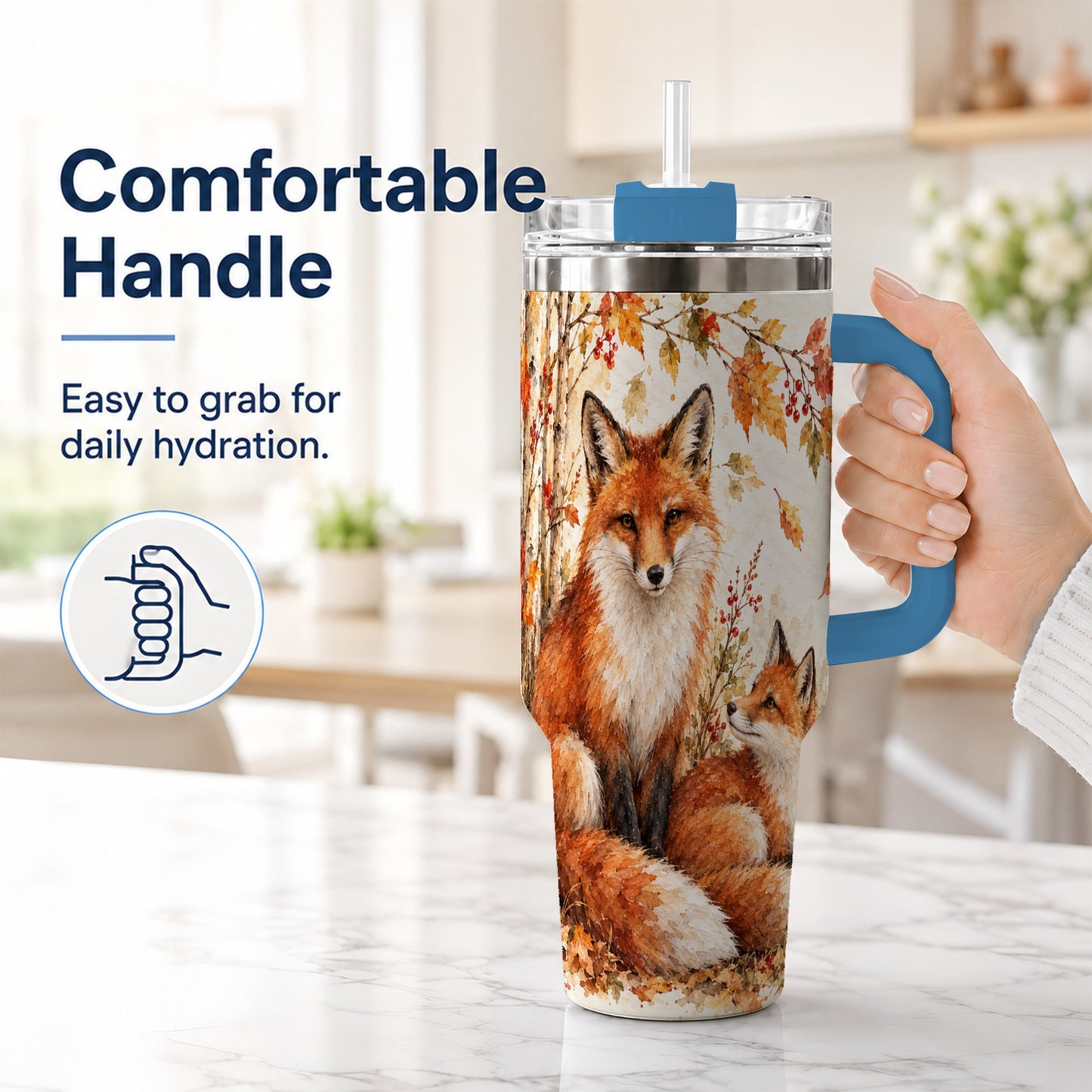 #pl[40oz|Blue] Autumn Fox 40oz Tumbler with Handle, Watercolor Woodland Travel Cup