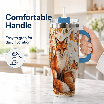 #pl[40oz|Blue] Autumn Fox 40oz Tumbler with Handle, Watercolor Woodland Travel Cup