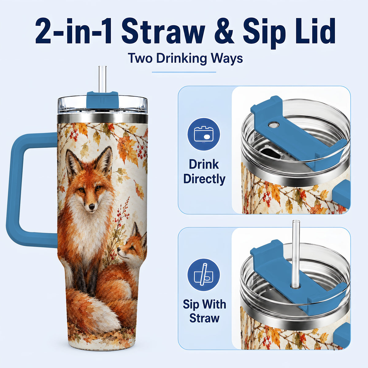 #pl[40oz|Blue] Autumn Fox 40oz Tumbler with Handle, Watercolor Woodland Travel Cup