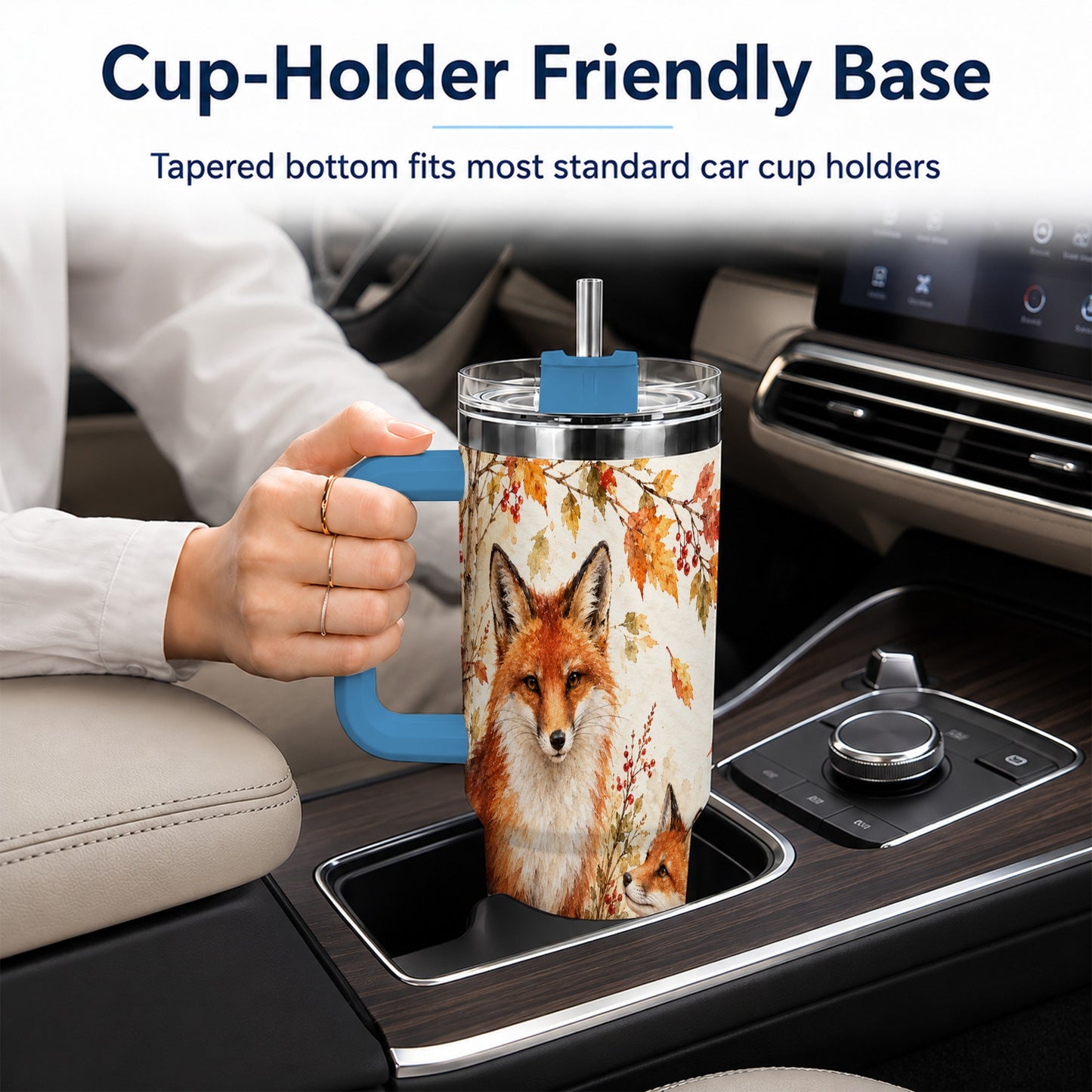 #pl[40oz|Blue] Autumn Fox 40oz Tumbler with Handle, Watercolor Woodland Travel Cup