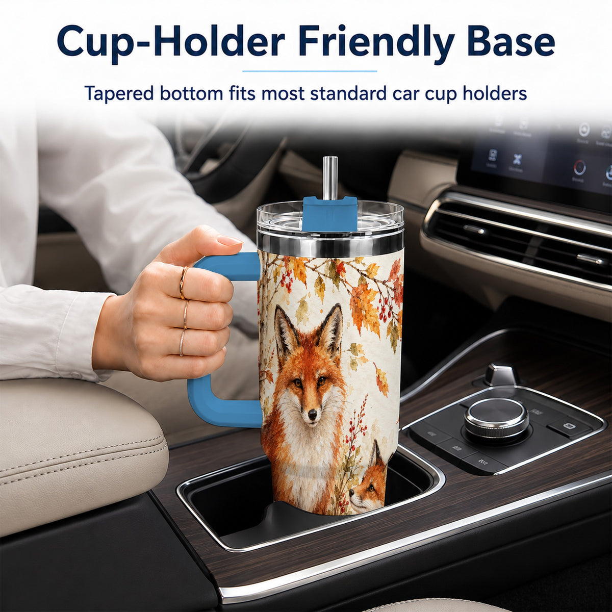 #pl[40oz|Blue] Autumn Fox 40oz Tumbler with Handle, Watercolor Woodland Travel Cup