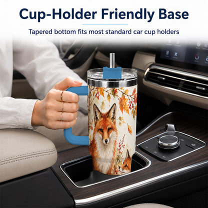 #pl[40oz|Blue] Autumn Fox 40oz Tumbler with Handle, Watercolor Woodland Travel Cup