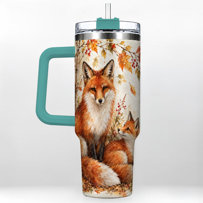 #pl[40oz|Green] Autumn Fox 40oz Tumbler with Handle, Watercolor Woodland Travel Cup